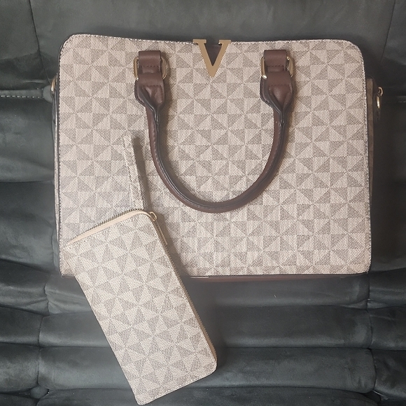 Handbags - Elegant Brown and Cream Women's Laptop Bag With Wallet Set